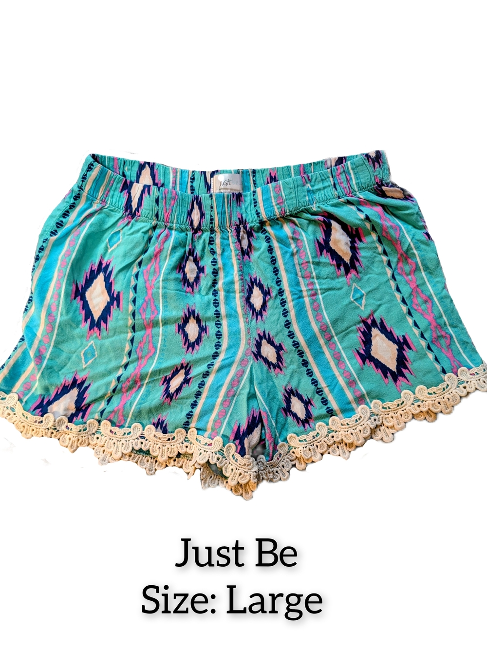 3/$15 Just Be Turquoise Aztec-Print Lace-Trim Shorts